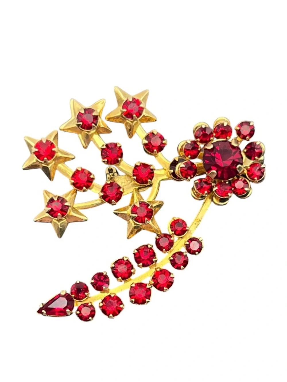 Red rhinestone star flower gold tone vintage brooch pin